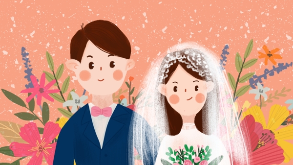 小清新可爱植物新郎新娘婚礼手绘插画