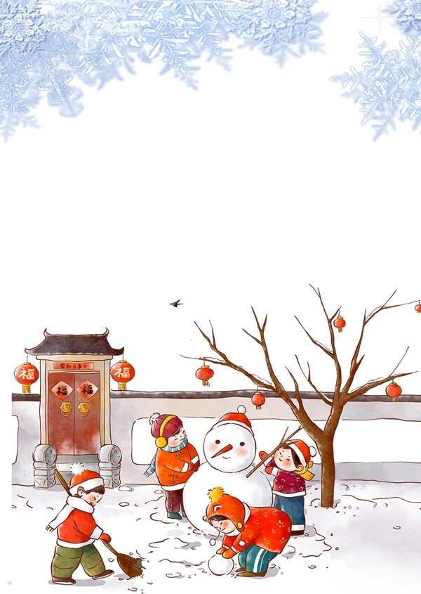 冬至雪地玩雪的儿童背景素材