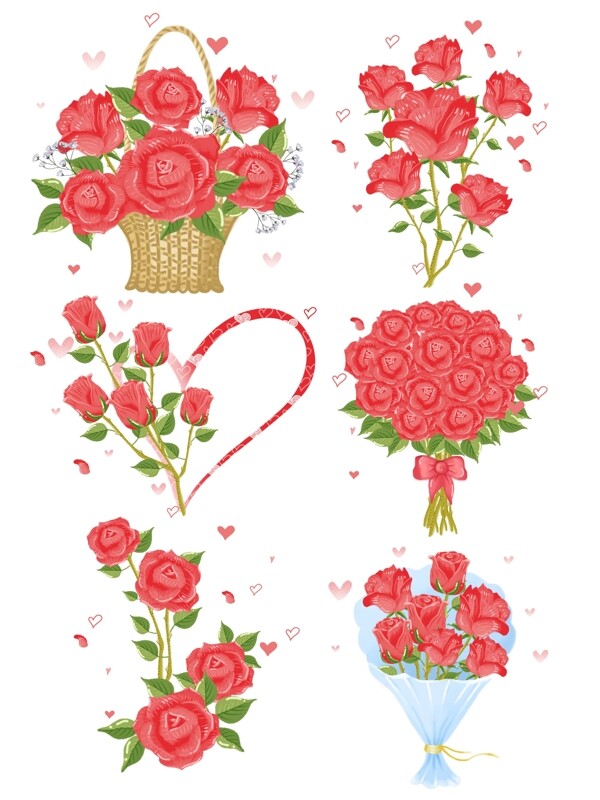 花篮手绘情人节浪漫玫瑰花束植物花卉花清新