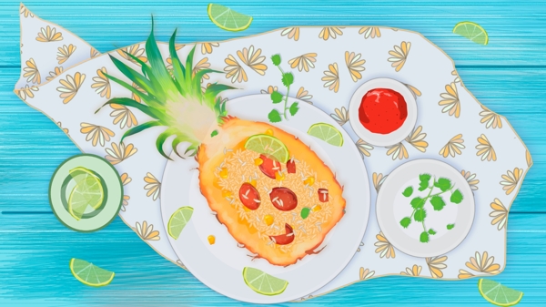 细腻写实菠萝饭美食插画
