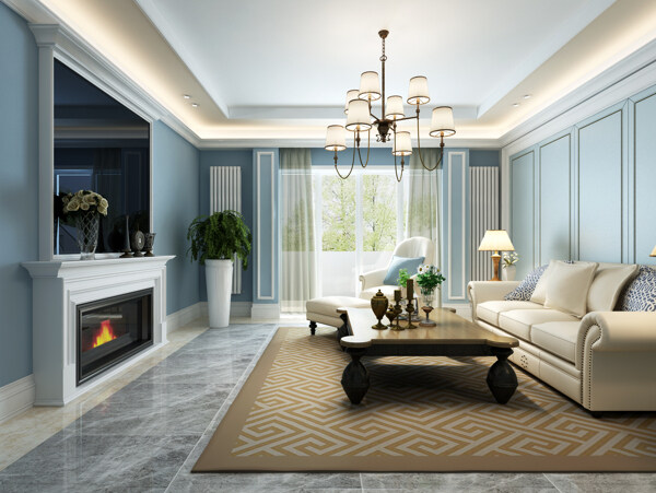 美式清新客厅白色壁炉室内装修效果图