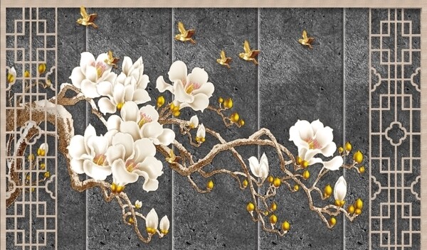 新中式浮雕玉兰花背景墙