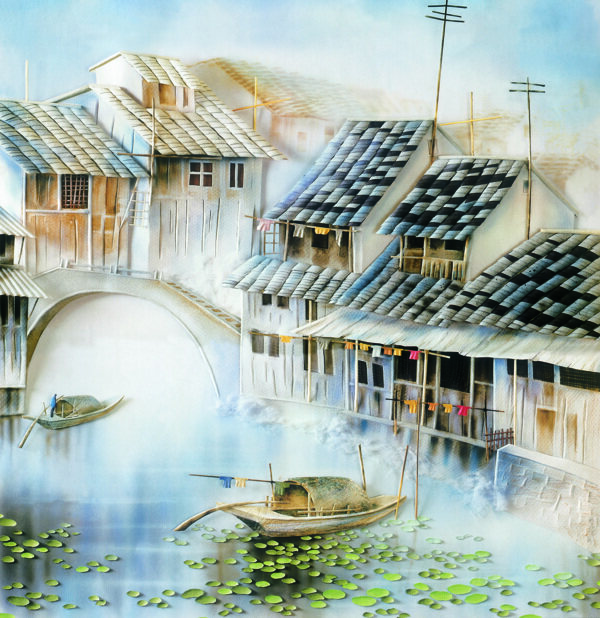 小镇河流油画图片