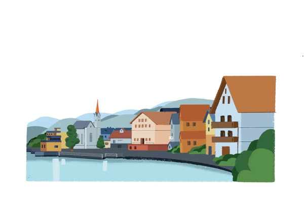 欧洲小镇宁静湖水装饰底框春日风景海报边框底部边框
