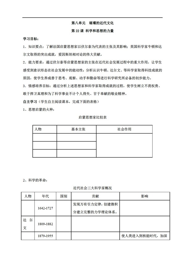 九年级上册历史九年级上册每课同步练习第22课科学和思想的力量