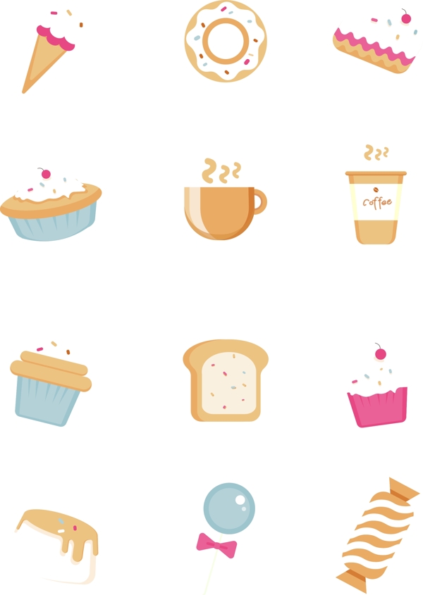 卡通扁平咖啡厅蛋糕店甜品图标icon