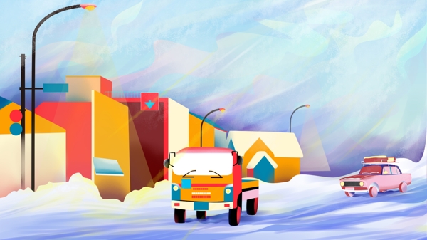冬日大雪纷飞的车辆与街道商业插画