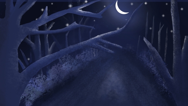 夜晚树木空中挂着的月亮卡通背景