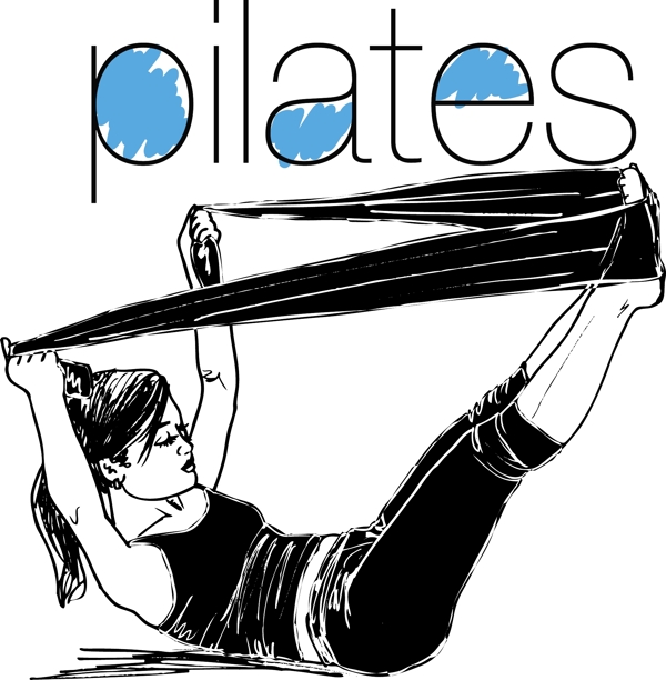 普拉提女人橡胶电阻带健身体育健身房矢量插画草图