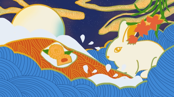 中国风高端大气流光溢彩中秋节兔子月饼插画