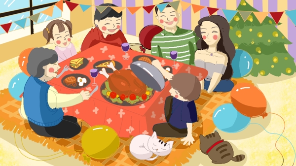 感恩节一家人在桌子吃饭庆祝温馨插画
