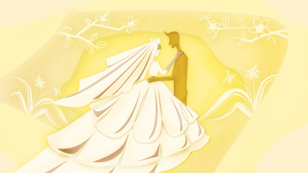 婚礼剪纸风贺卡黄色调温馨