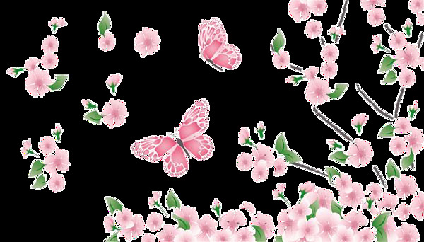春天粉红色鲜花蝴蝶免抠png透明图层素材