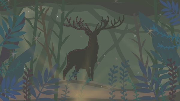 简约清新夜色森林中的鹿手绘插画