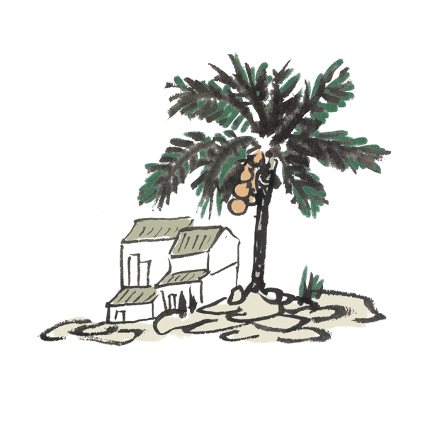 夏天椰子树水墨手绘插画