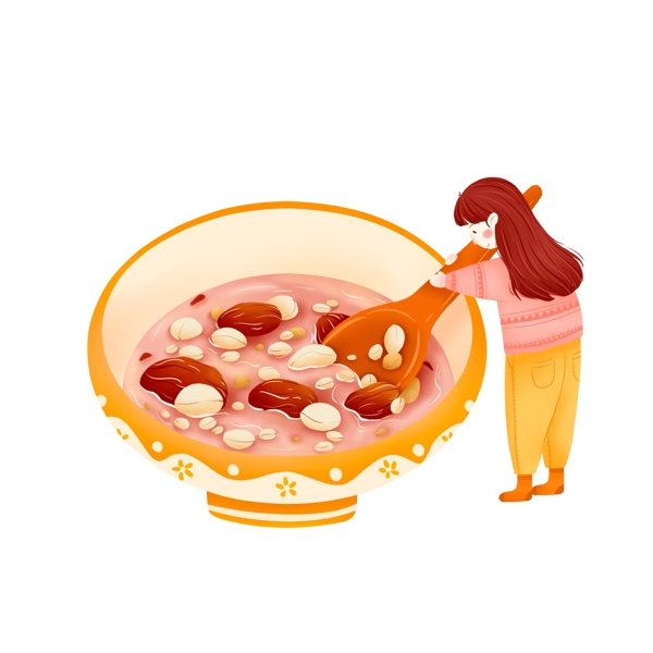卡通手绘吃腊八粥的少女人物设计