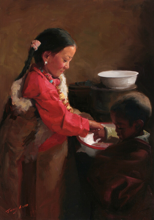 洗手的藏族姐弟油画图片