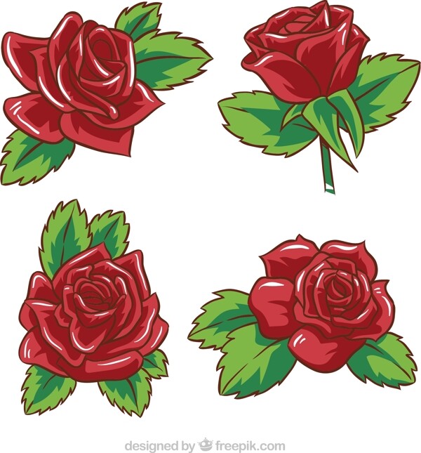 4款美丽红玫瑰花矢量素材