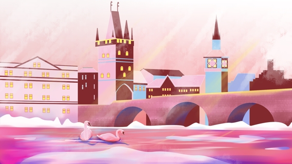 冬日城堡枫桥边下的天鹅复古插画