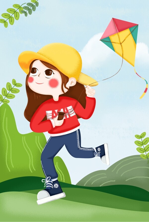 卡通手绘春游放风筝的女孩海报背景
