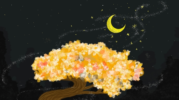 金色树叶上的月亮卡通背景