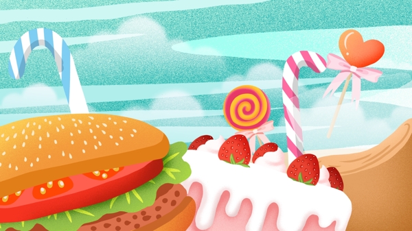 手绘汉堡草莓冰淇淋吃货节背景设计