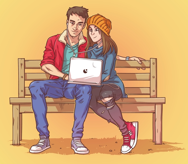 年轻的夫妇坐在凳子上听音乐
