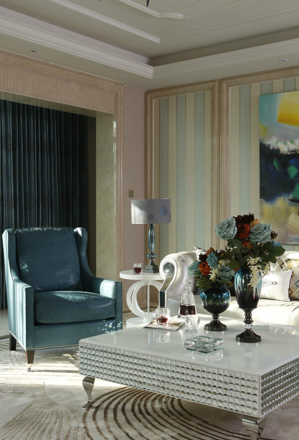 欧式客厅蓝灰色单人沙发室内装修效果图