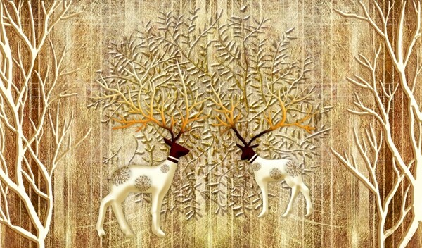 抽象浮雕森林鹿背景墙