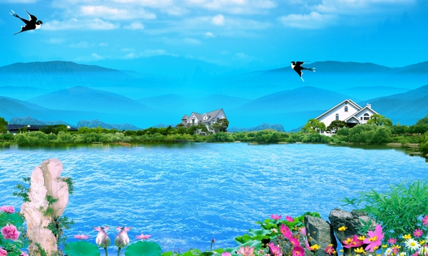 湖泊别墅风景画