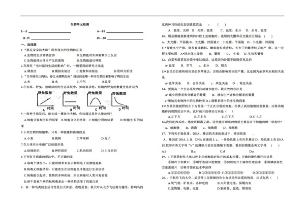 七年级上册生物初中一二单元检测