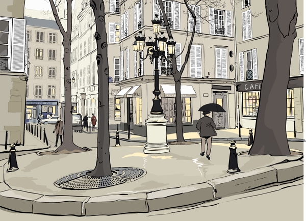手绘城市街道咖啡厅矢量素材图片
