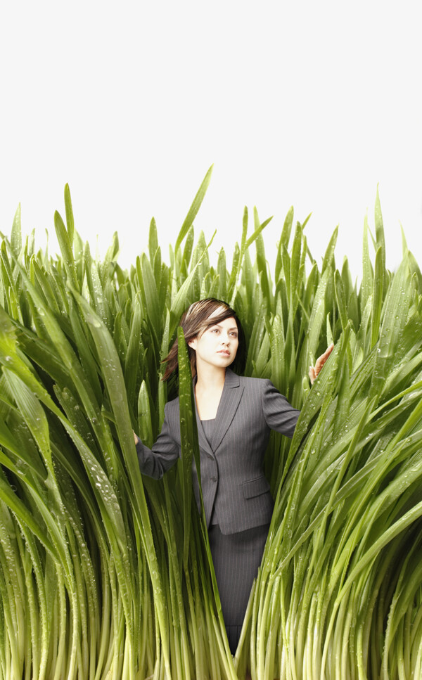 站在茂盛的绿植丛中的职业女性图片