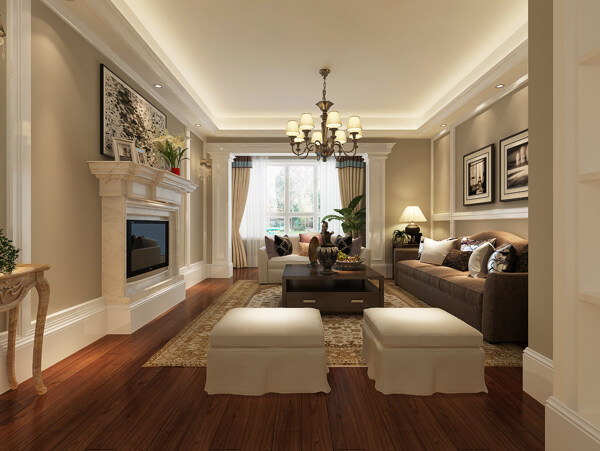 美式清新客厅方形小沙发凳室内装修效果图