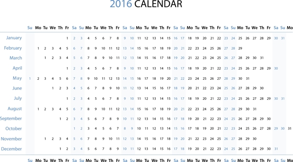 蓝色简约2016年日历表图片