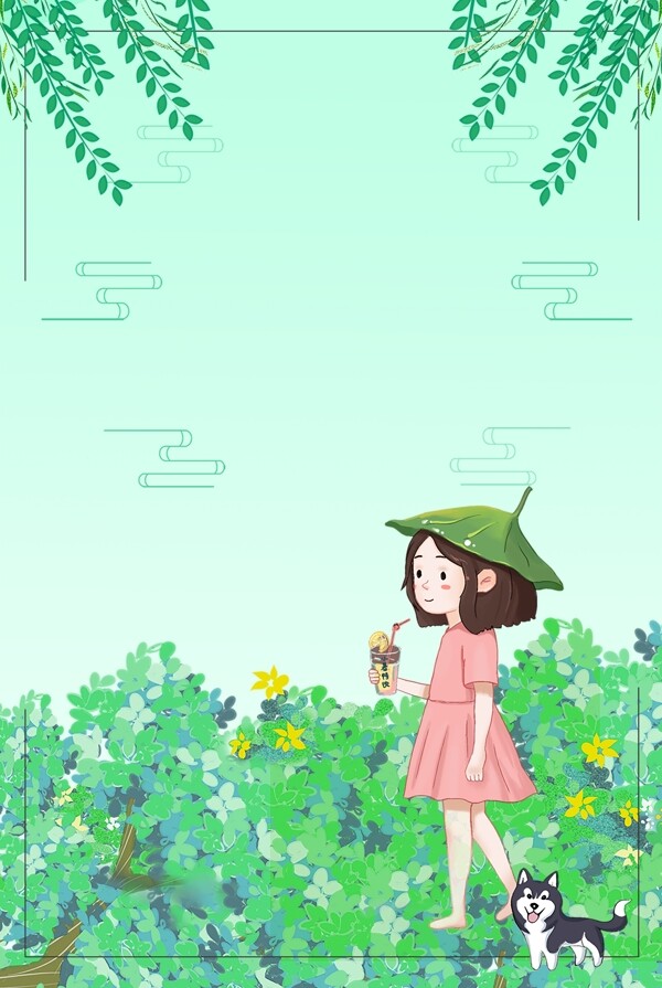 花丛中的女孩清新夏季盛暑绿色广告背景