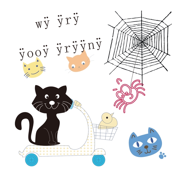 印花矢量图婴童卡通动物猫网卡通文字免费素材