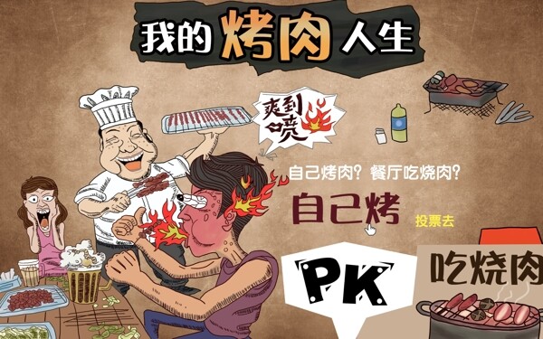 中国美食手绘烤肉店背景墙