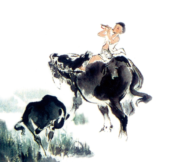 水墨画牧童骑牛吹笛