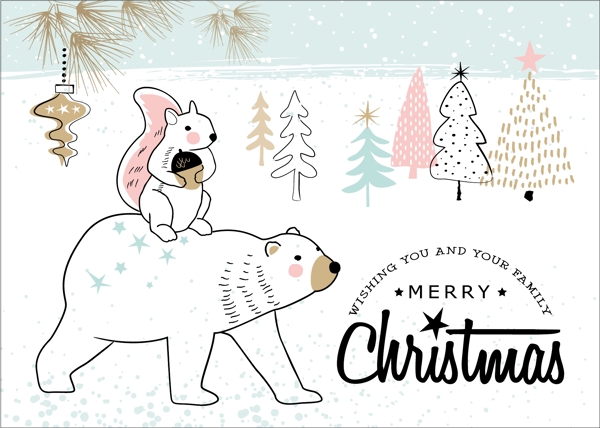 小熊和松树圣诞节创意卡片矢量