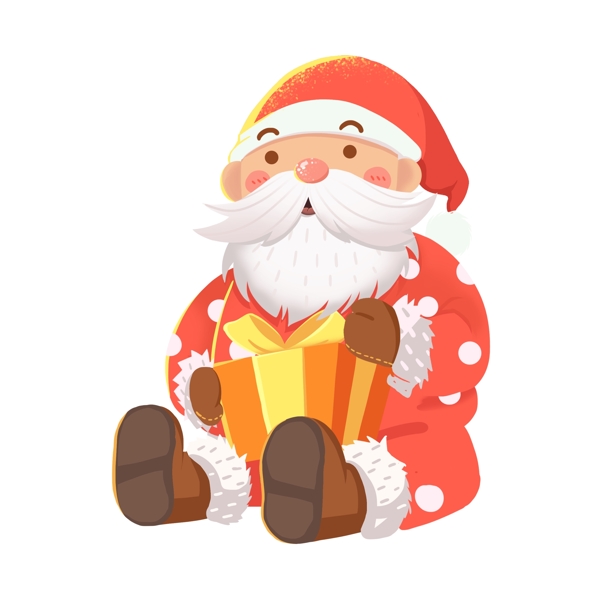 手绘抱着礼物坐在地上的圣诞老人