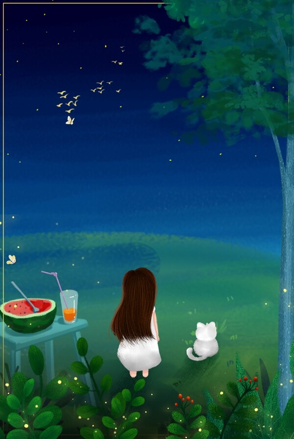 清新夏夜女孩与猫游记海报背景