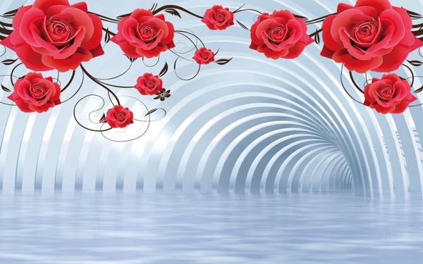 3D立体大红色玫瑰花背景墙