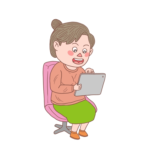 卡通手绘人物玩平板电脑女孩