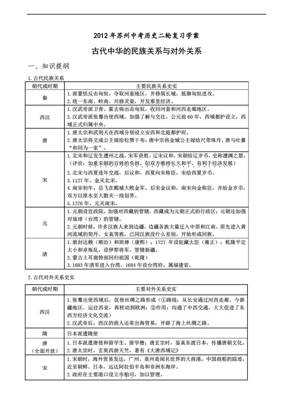 中考专区历史苏州中考二轮复习学案古代中华的民族关系与对外关系