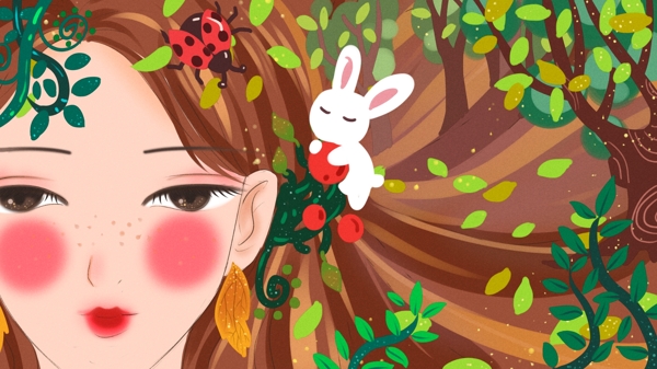 森林公主长发上的树木和玩耍的兔子清新插画