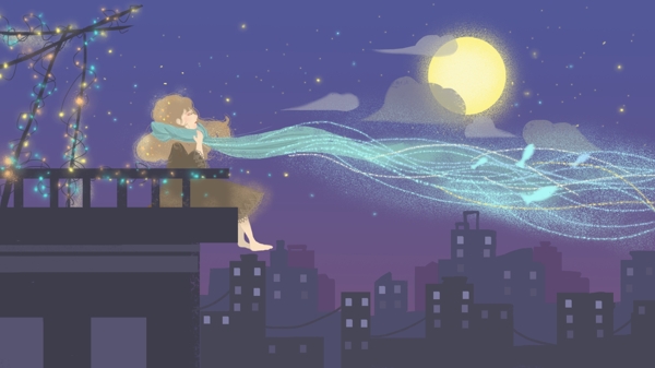 午夜之城月色下女孩坐在屋顶