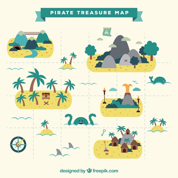 扁平风格海盗藏宝地图与装饰棕榈树