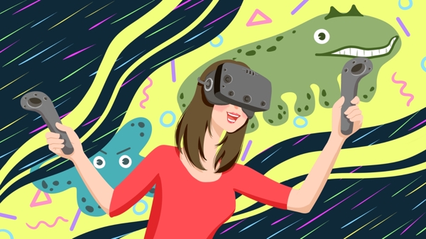 科技未来VR虚拟现实体验VR游戏的女孩