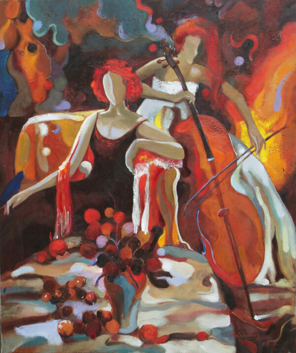 拉大提琴的美女油画写生图片